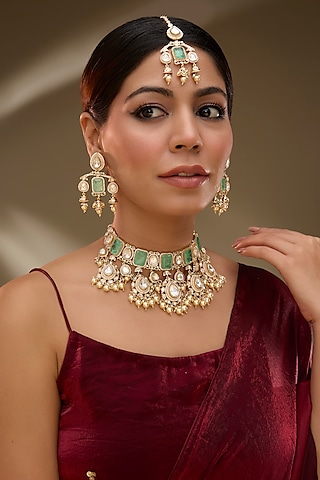 Rose Gold Finish Pink Kundan Polki & AD Stone Choker Necklace Set by Gehna Shop