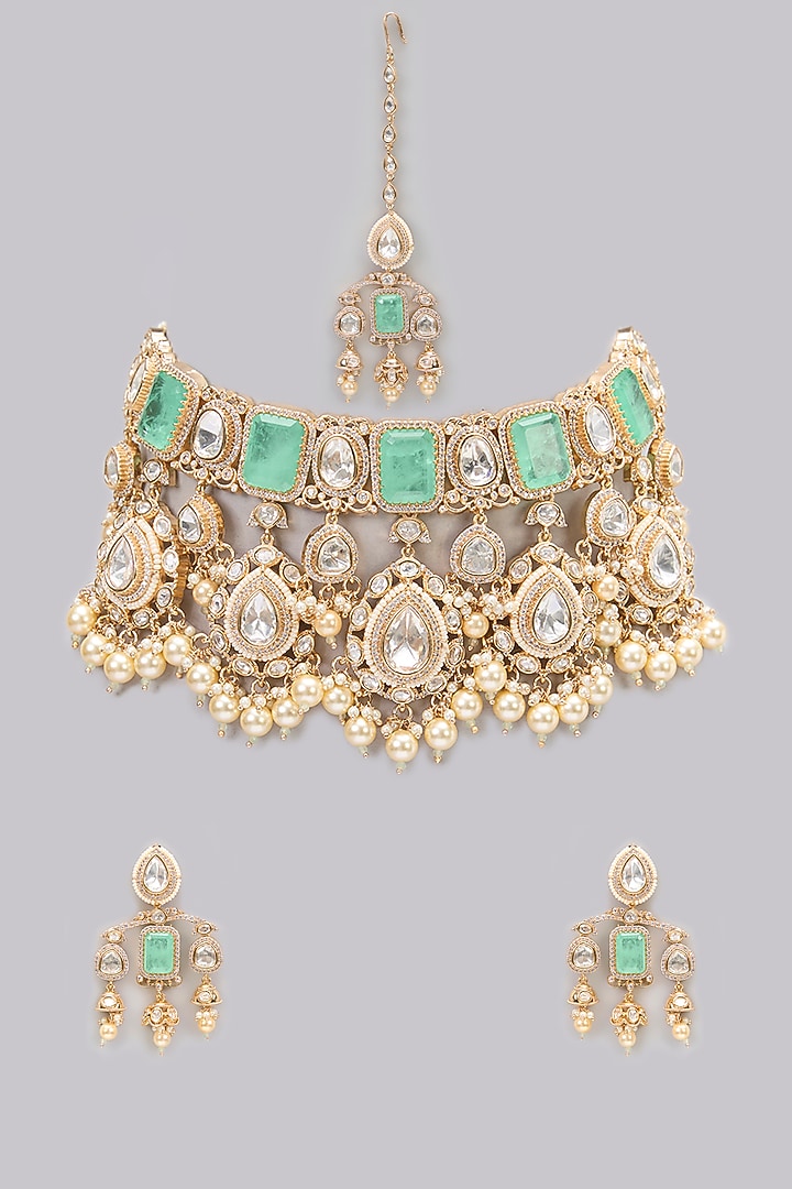 Rose Gold Finish Pink Kundan Polki & AD Stone Choker Necklace Set by Gehna Shop at Pernia's Pop Up Shop