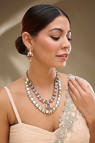 Two-Tone Finish Red Kundan Polki Layered Necklace Set by Gehna Shop