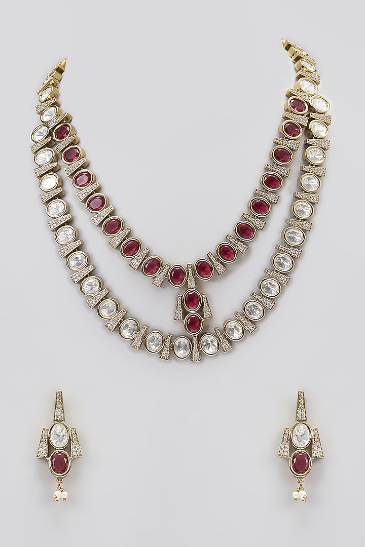 Two-Tone Finish Red Kundan Polki Layered Necklace Set by Gehna Shop at Pernia's Pop Up Shop