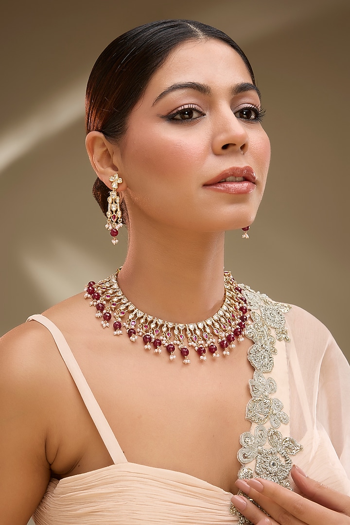 Rose Gold Finish Kundan Polki & Red Drop Necklace Set by Gehna Shop at Pernia's Pop Up Shop