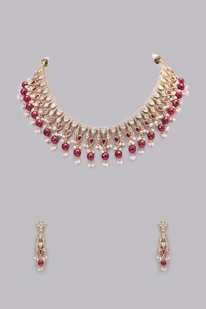 Rose Gold Finish Kundan Polki & Red Drop Necklace Set by Gehna Shop at Pernia's Pop Up Shop