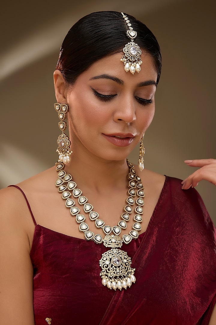 Two-Tone Finish Victorian Polki Long Necklace Set by Gehna Shop at Pernia's Pop Up Shop