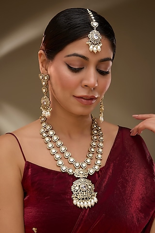 Two-Tone Finish Victorian Polki Long Necklace Set by IndieBlingz