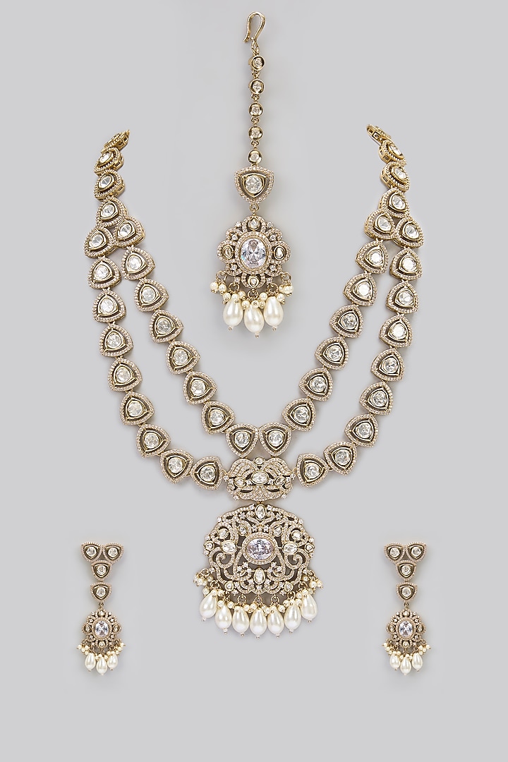 Two-Tone Finish Victorian Polki Long Necklace Set by Gehna Shop at Pernia's Pop Up Shop