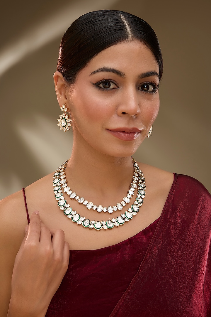 Rose Gold Finish Green Kundan Polki Layered Necklace Set by Gehna Shop at Pernia's Pop Up Shop