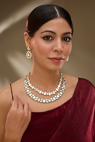 Rose Gold Finish Green Kundan Polki Layered Necklace Set by Gehna Shop