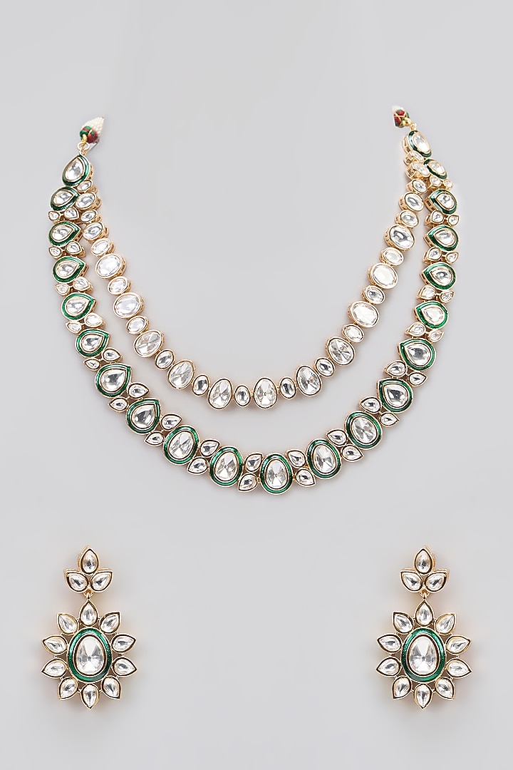 Rose Gold Finish Green Kundan Polki Layered Necklace Set by Gehna Shop at Pernia's Pop Up Shop