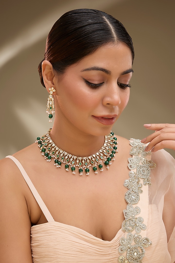 Rose Gold Finish Green Kundan Polki Necklace Set by Gehna Shop at Pernia's Pop Up Shop