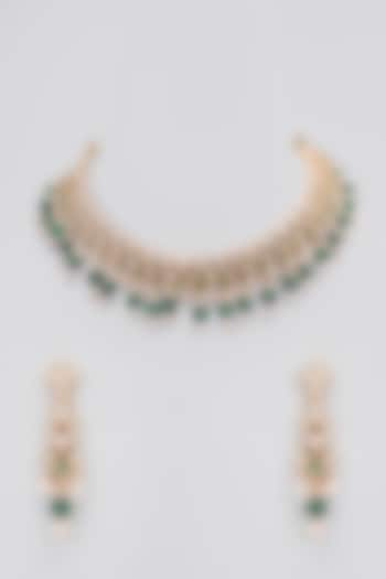 Rose Gold Finish Green Kundan Polki Necklace Set by Gehna Shop at Pernia's Pop Up Shop