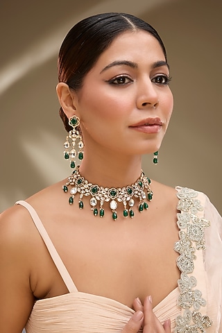 Rose Gold Finish Green Kundan Polki Choker Necklace Set by Gehna Shop