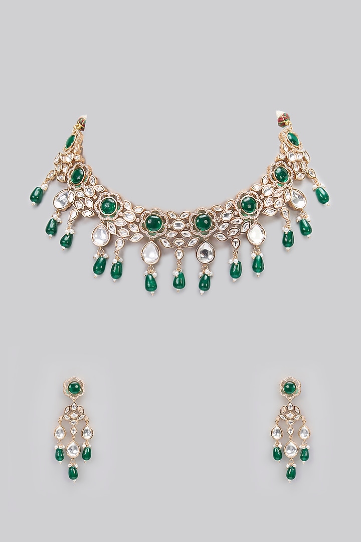 Rose Gold Finish Green Kundan Polki Choker Necklace Set by Gehna Shop at Pernia's Pop Up Shop