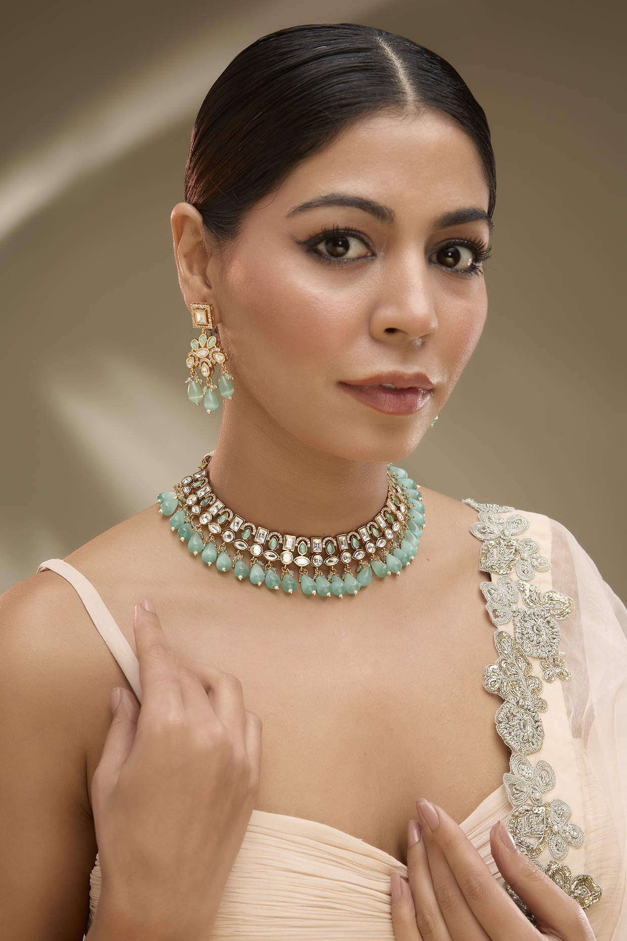 Rose Gold Finish Mint Green Kundan Polki Choker Necklace Set by Gehna Shop at Pernia's Pop Up Shop
