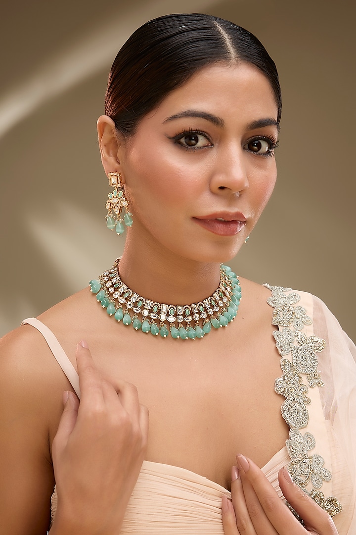 Rose Gold Finish Mint Green Kundan Polki Choker Necklace Set by Gehna Shop at Pernia's Pop Up Shop