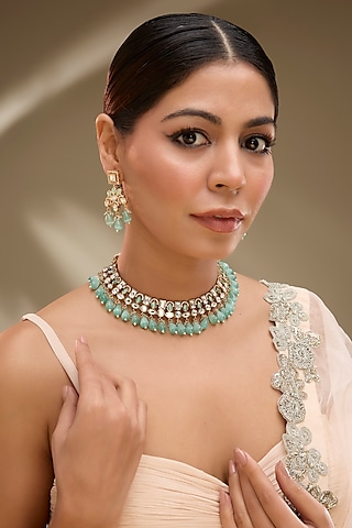 Rose Gold Finish Mint Green Kundan Polki Choker Necklace Set by Gehna Shop