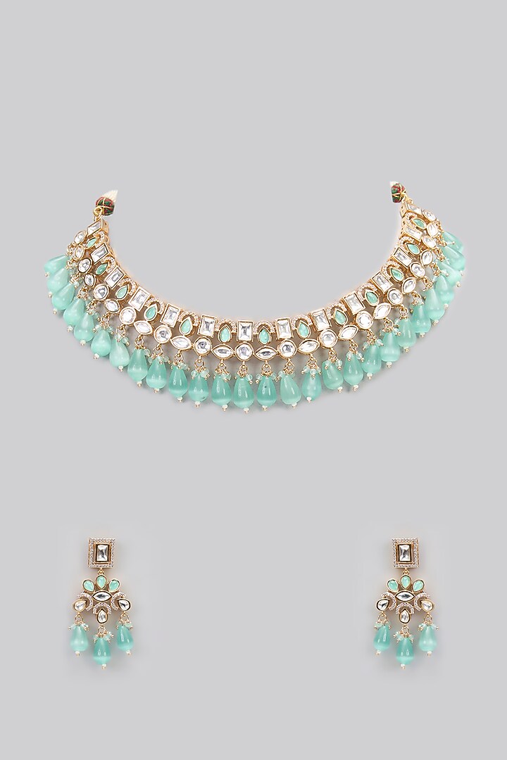 Rose Gold Finish Mint Green Kundan Polki Choker Necklace Set by Gehna Shop at Pernia's Pop Up Shop