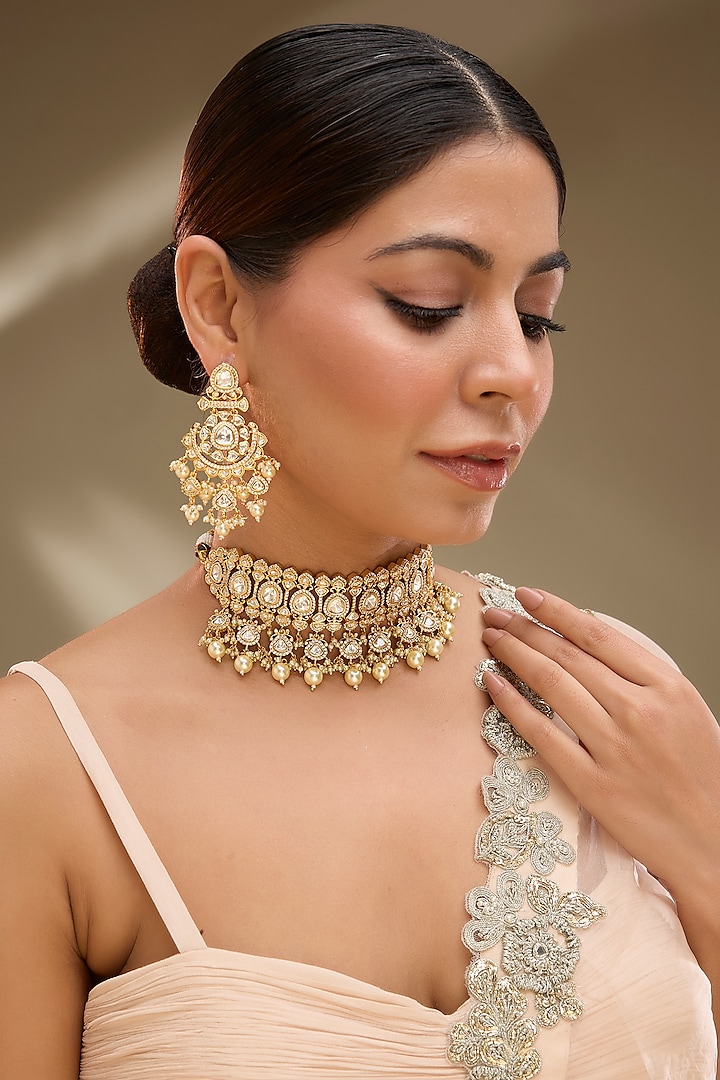 Rose Gold Finish Kundan Polki & AD Stone Choker Necklace Set by Gehna Shop at Pernia's Pop Up Shop