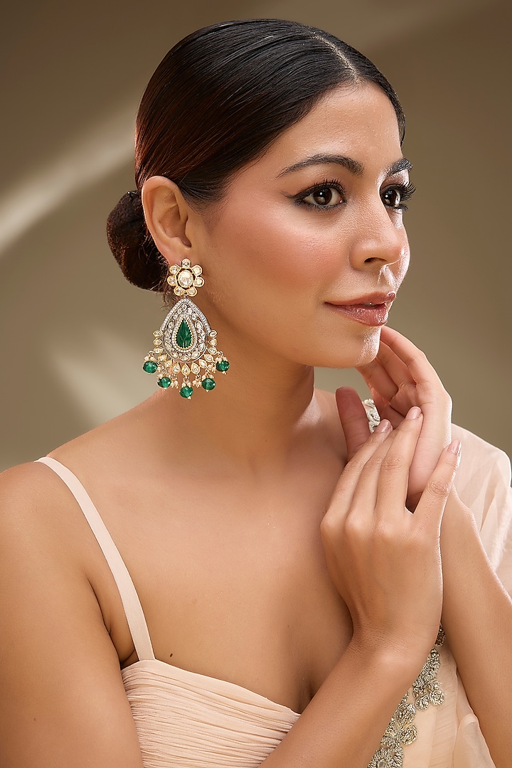 Two-Tone Finish Green Kundan Polki Dangler Earrings by Gehna Shop at Pernia's Pop Up Shop