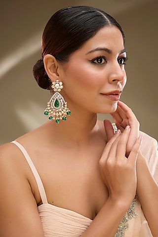 Two-Tone Finish Green Kundan Polki Dangler Earrings by Gehna Shop