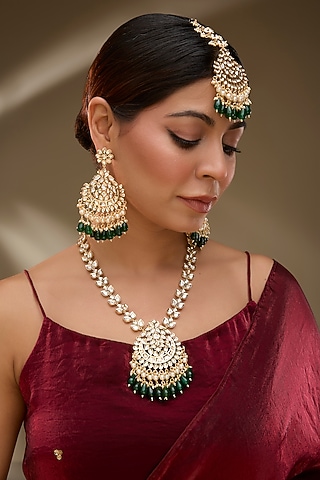 Rose Gold Finish Green Kundan Polki Long Necklace Set by Gehna Shop