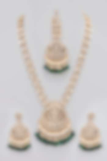 Rose Gold Finish Green Kundan Polki Long Necklace Set by Gehna Shop at Pernia's Pop Up Shop