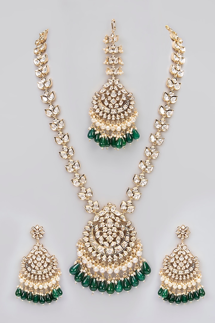 Rose Gold Finish Green Kundan Polki Long Necklace Set by Gehna Shop at Pernia's Pop Up Shop