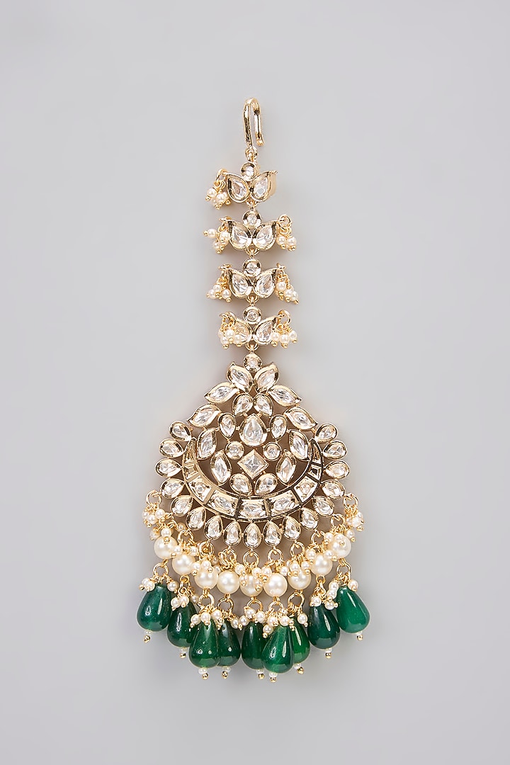 Rose Gold Finish Green Kundan Polki Long Necklace Set by Gehna Shop at Pernia's Pop Up Shop