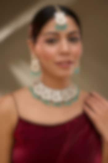 Rose Gold Finish Green Kundan Polki & AD Stone Choker Necklace Set by Gehna Shop at Pernia's Pop Up Shop