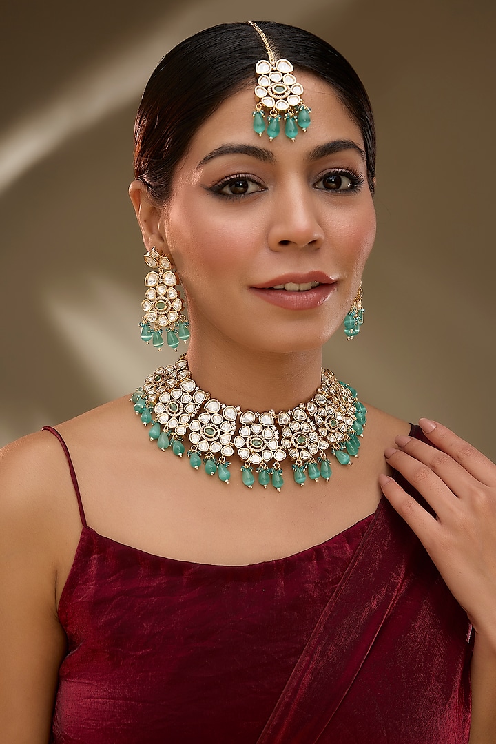 Rose Gold Finish Green Kundan Polki & AD Stone Choker Necklace Set by Gehna Shop at Pernia's Pop Up Shop