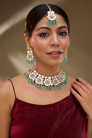 Rose Gold Finish Green Kundan Polki & AD Stone Choker Necklace Set by Gehna Shop