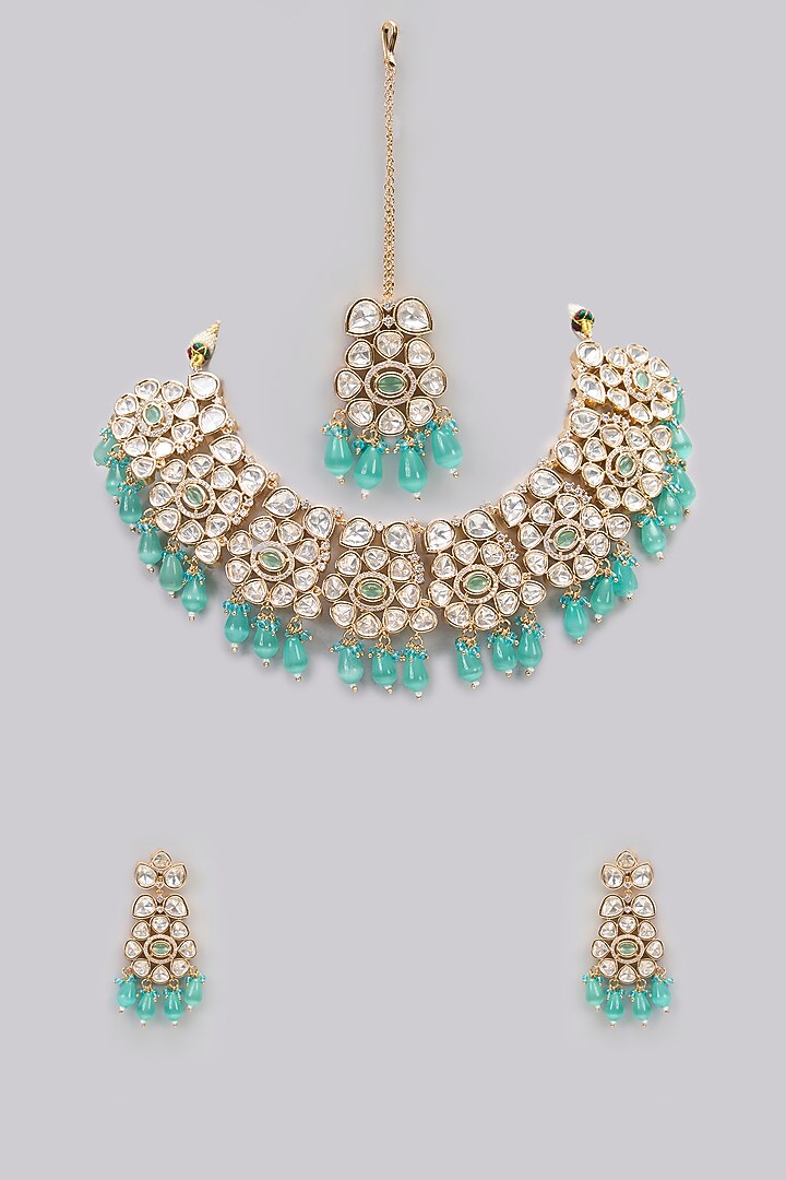 Rose Gold Finish Green Kundan Polki & AD Stone Choker Necklace Set by Gehna Shop at Pernia's Pop Up Shop