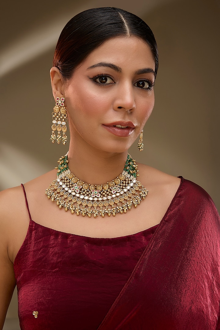 Gold Finish Antique Green Kundan Polki Choker Necklace Set by Gehna Shop at Pernia's Pop Up Shop