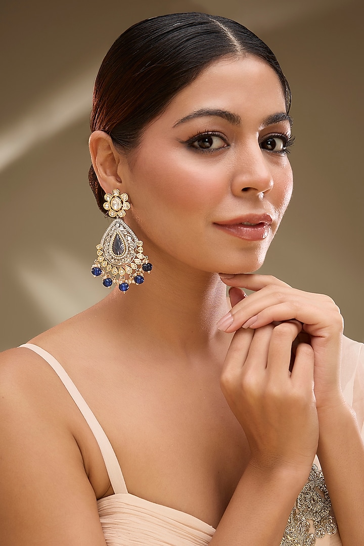 Two-Tone Finish Blue Kundan Polki Dangler Earrings by Gehna Shop at Pernia's Pop Up Shop