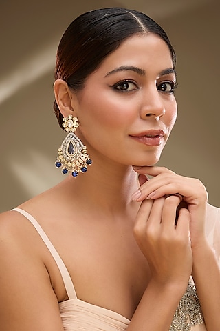 Two-Tone Finish Blue Kundan Polki Dangler Earrings by Gehna Shop