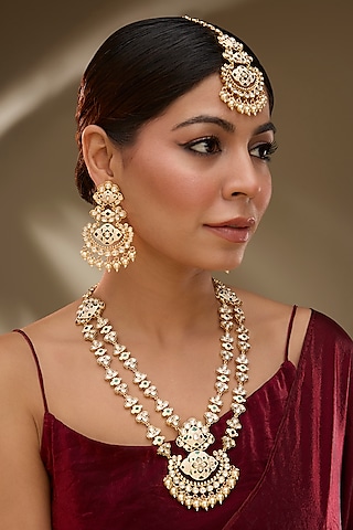 Rose Gold Finish Kundan Polki Long Layered Necklace Set by Gehna Shop