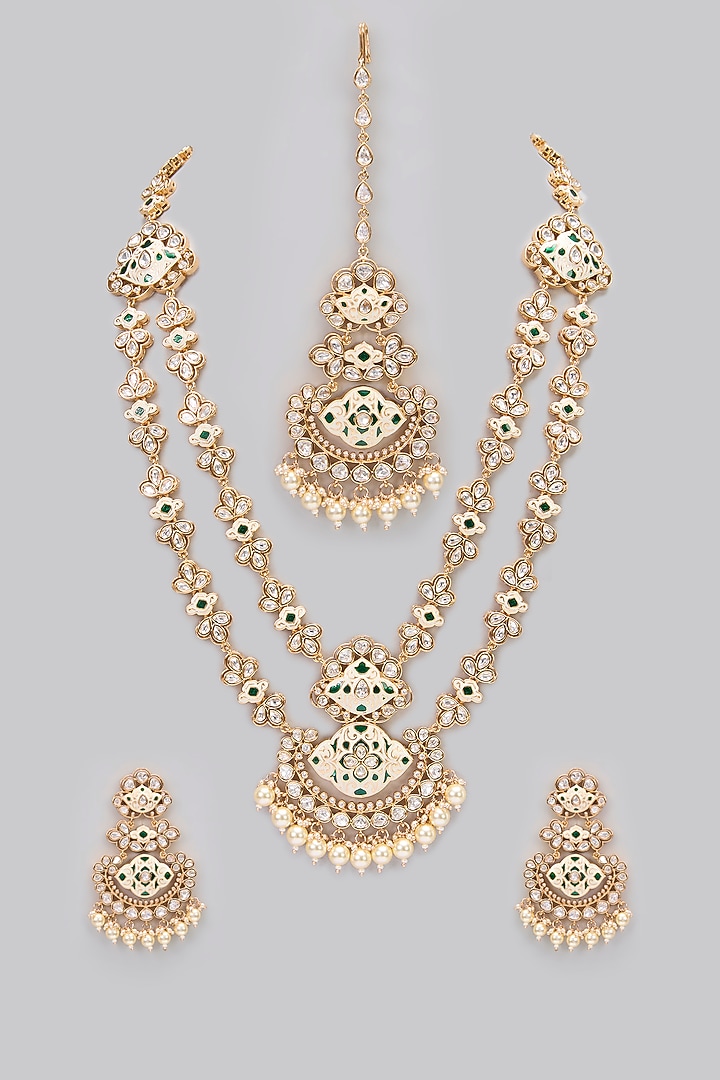 Rose Gold Finish Kundan Polki Long Layered Necklace Set by Gehna Shop at Pernia's Pop Up Shop
