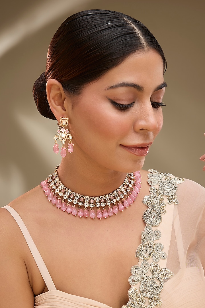 Rose Gold Finish Pink Kundan Polki Choker Necklace Set by Gehna Shop at Pernia's Pop Up Shop