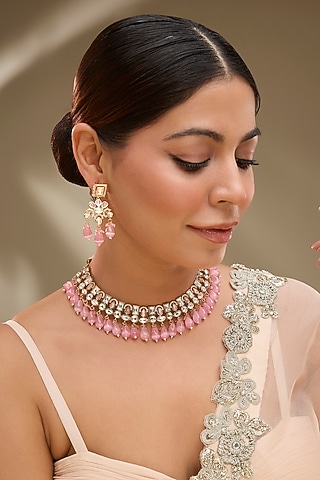 Rose Gold Finish Pink Kundan Polki Choker Necklace Set by Gehna Shop