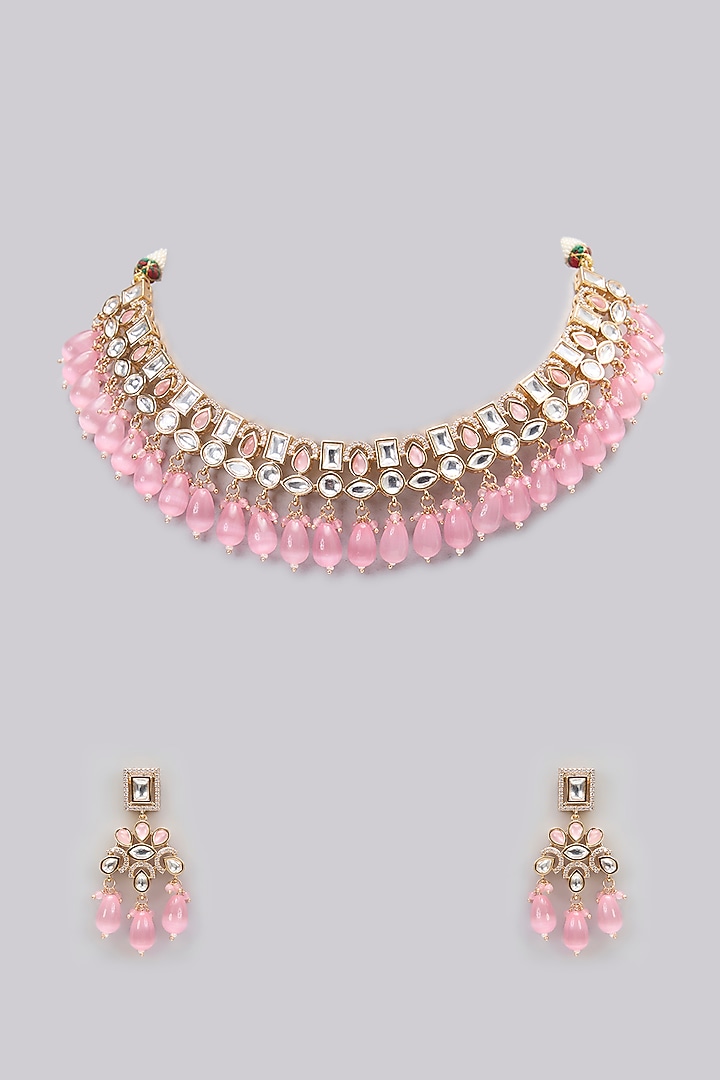Rose Gold Finish Pink Kundan Polki Choker Necklace Set by Gehna Shop at Pernia's Pop Up Shop