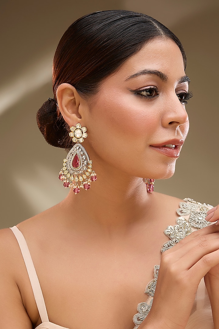 Two-Tone Finish Red Kundan Polki Dangler Earrings by Gehna Shop at Pernia's Pop Up Shop