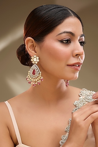 Two-Tone Finish Red Kundan Polki Dangler Earrings by Gehna Shop