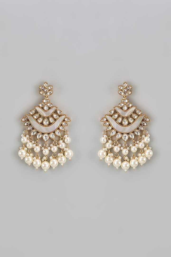 Rose Gold Finish Kundan Polki & Mother Of Pearl Chandbaali Earrings by Gehna Shop at Pernia's Pop Up Shop