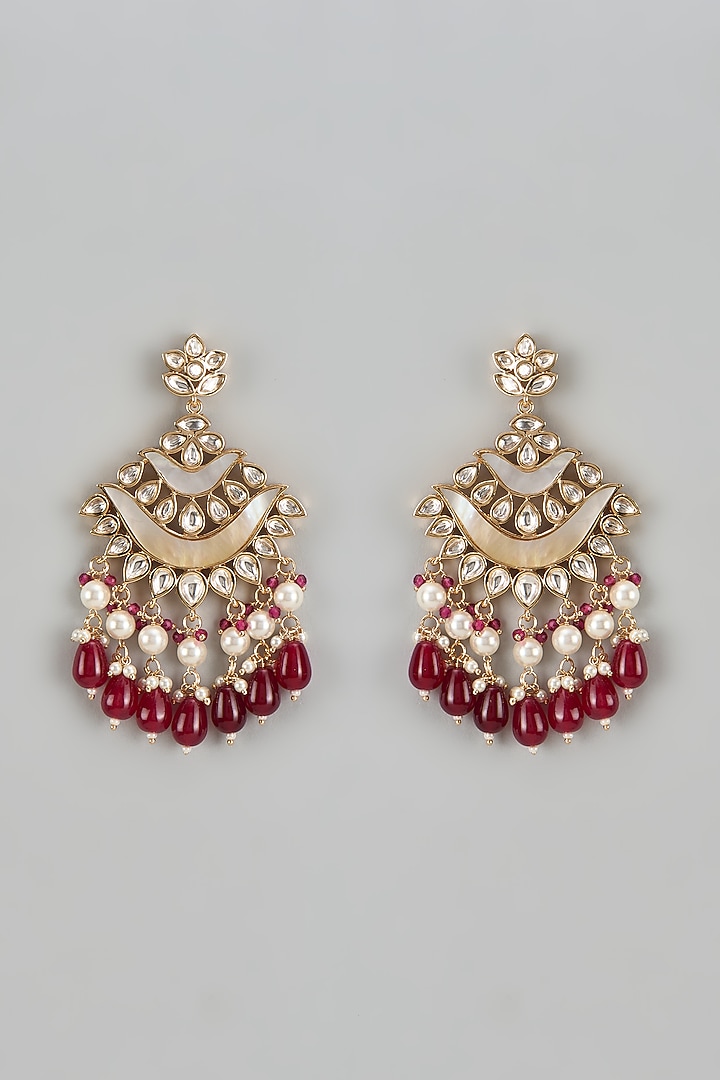 Rose Gold Finish Kundan Polki & Mother Of Pearl Chandbaali Earrings by Gehna Shop at Pernia's Pop Up Shop
