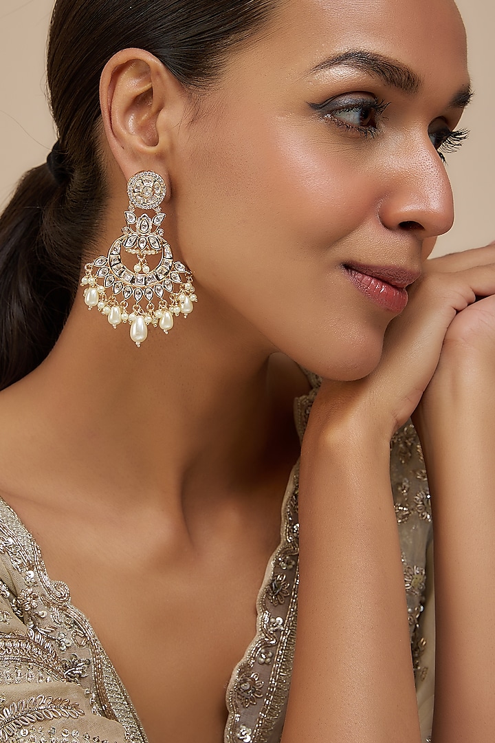 Rose Gold Finish Kundan Polki & American Diamond Chandbaali Earrings by Gehna Shop