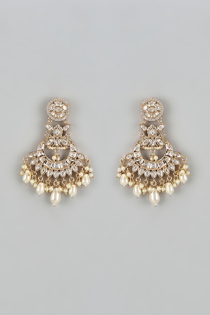 Rose Gold Finish Kundan Polki & American Diamond Chandbaali Earrings by Gehna Shop at Pernia's Pop Up Shop