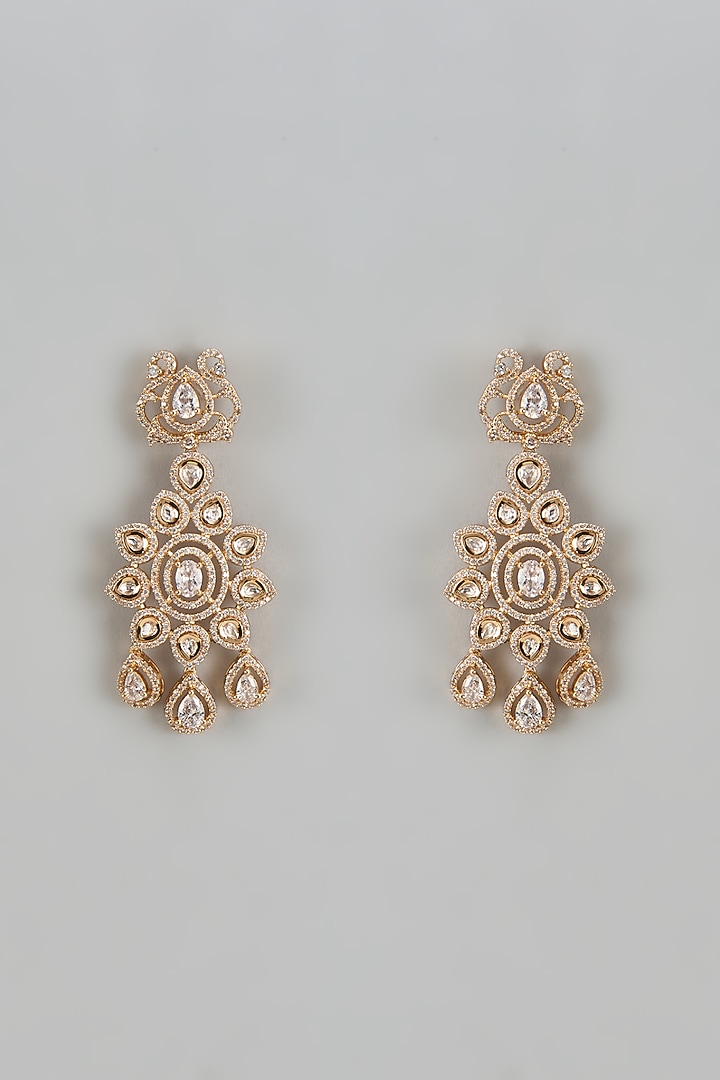 Rose Gold Finish Kundan Polki & Zircon Dangler Earrings by Gehna Shop at Pernia's Pop Up Shop