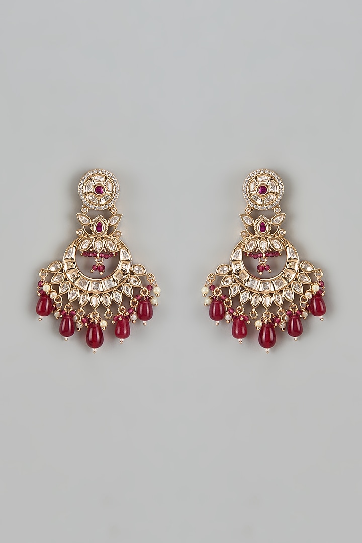 Rose Gold Finish Kundan Polki & American Diamond Chandbaali Earrings by Gehna Shop at Pernia's Pop Up Shop