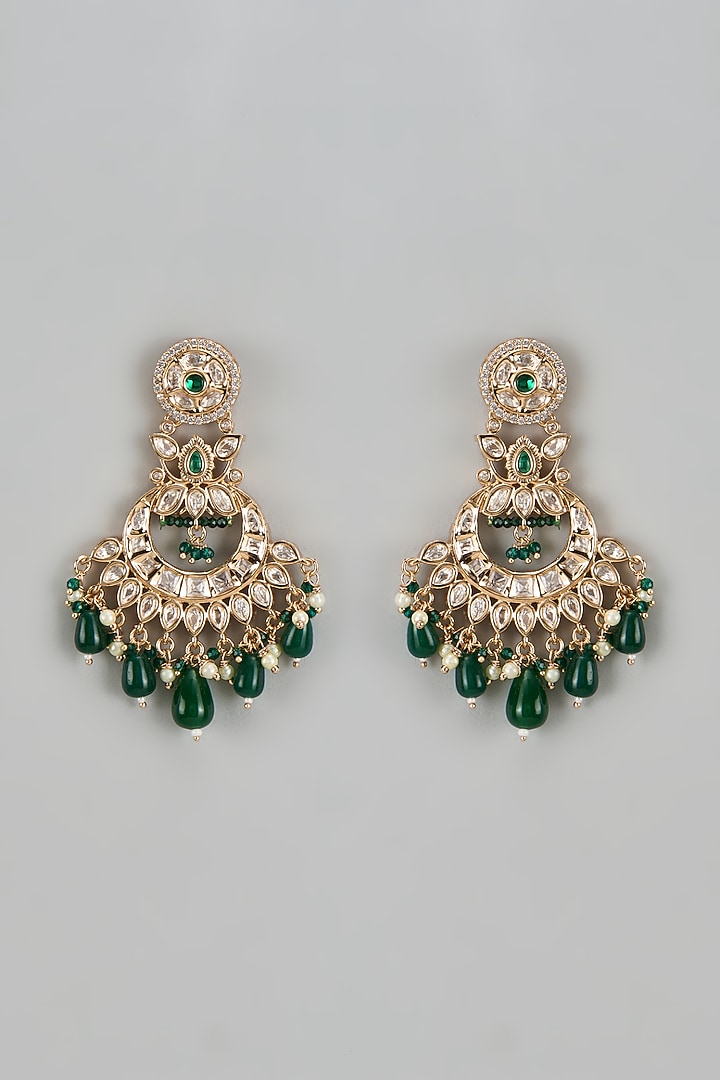 Rose Gold Finish Kundan Polki & American Diamond Chandbaali Earrings by Gehna Shop at Pernia's Pop Up Shop