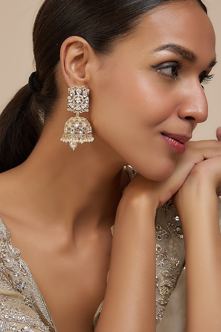 Rose Gold Finish Kundan Polki & American Diamond Jhumka Earrings by Gehna Shop