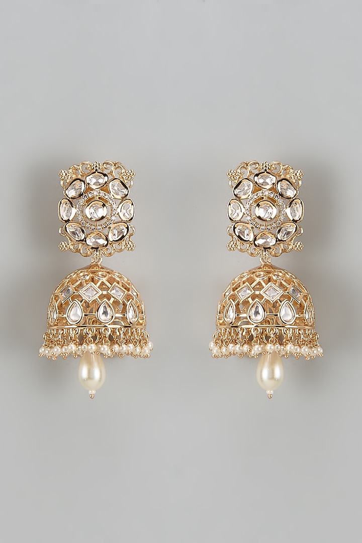 Rose Gold Finish Kundan Polki & American Diamond Jhumka Earrings by Gehna Shop at Pernia's Pop Up Shop